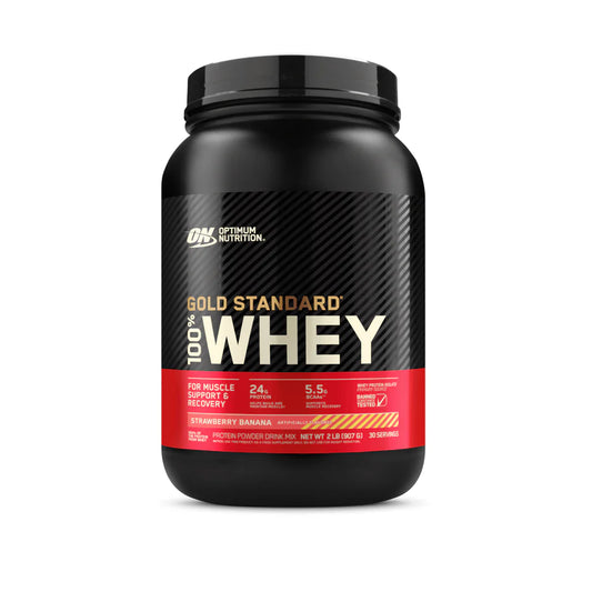 WHEY GOLD 100 BANANA COM MORANGO OPTIMUM NUTRITION 900g