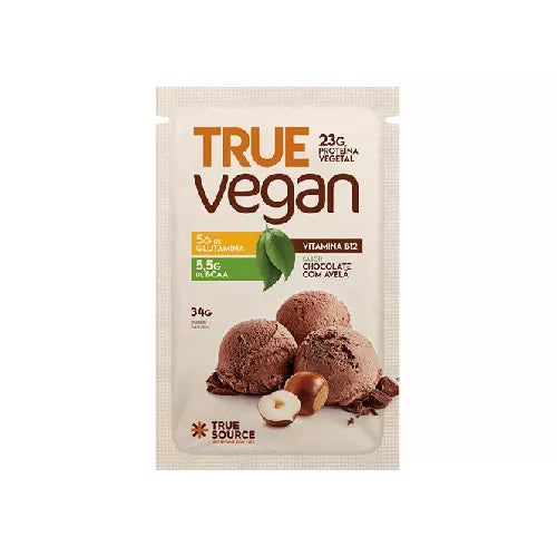 PROTEINA TRUE VEGAN SABOR CHOCOLATE COM AVELÃ SACHE 34G TRUE SOURCE